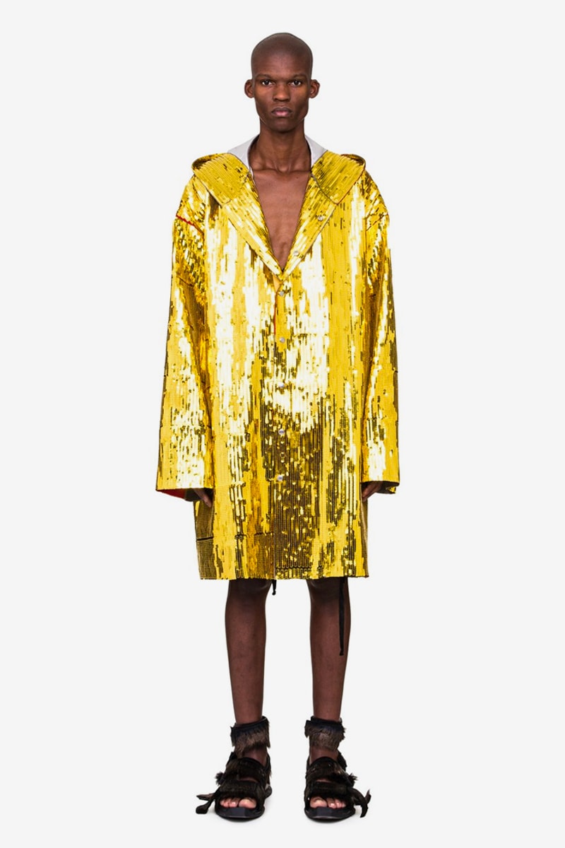 Rick Owens Beach Parka Gold Sequin spring summer 2020 collection TECUATL jackets oversized drape boxer robe boxy outerwear shiny metallic off the runway yellow cotton embroidered