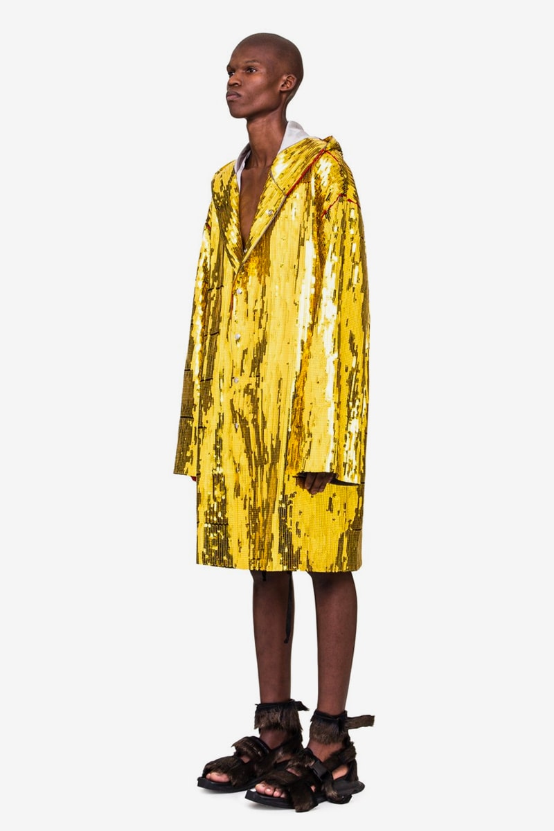 Rick Owens Beach Parka Gold Sequin spring summer 2020 collection TECUATL jackets oversized drape boxer robe boxy outerwear shiny metallic off the runway yellow cotton embroidered