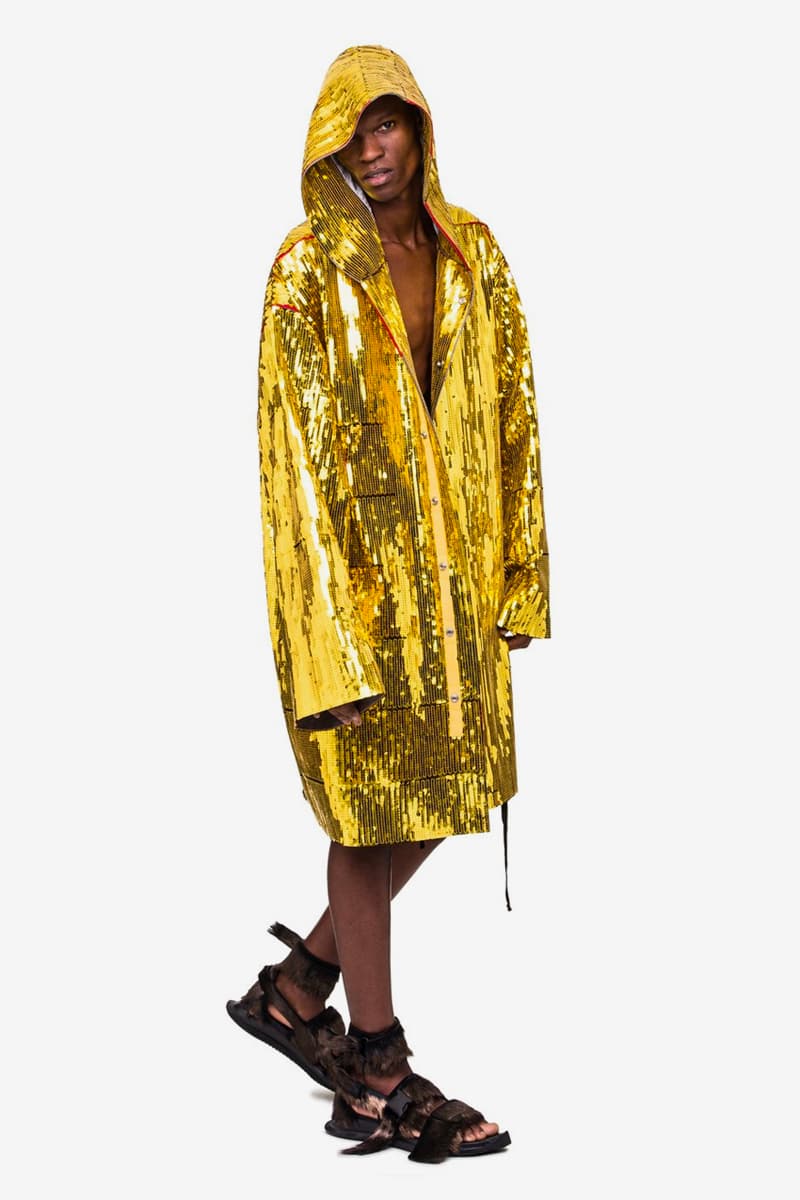 Rick Owens Beach Parka Gold Sequin spring summer 2020 collection TECUATL jackets oversized drape boxer robe boxy outerwear shiny metallic off the runway yellow cotton embroidered