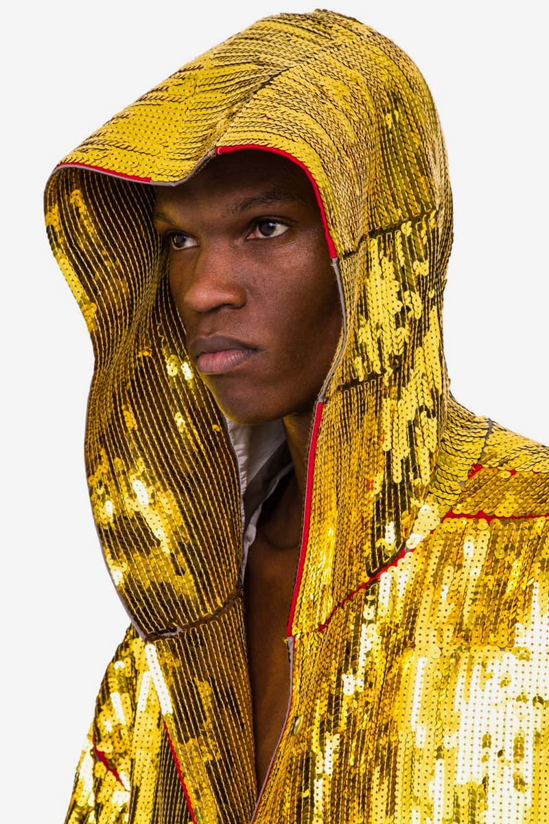 Rick Owens Beach Parka Gold Sequin spring summer 2020 collection TECUATL jackets oversized drape boxer robe boxy outerwear shiny metallic off the runway yellow cotton embroidered