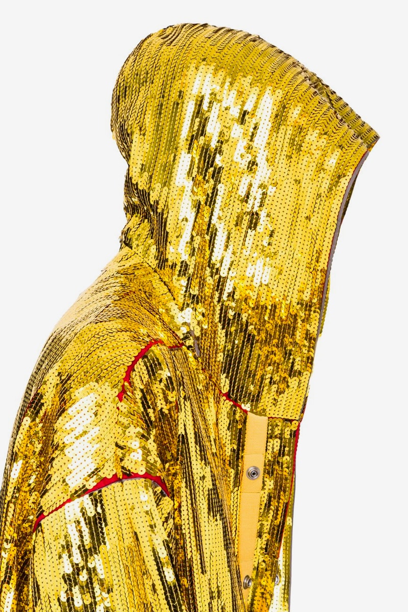 Rick Owens Beach Parka Gold Sequin spring summer 2020 collection TECUATL jackets oversized drape boxer robe boxy outerwear shiny metallic off the runway yellow cotton embroidered
