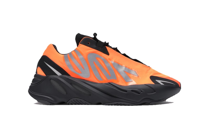 StockX Region-Exclusive adidas YEEZY BOOST 700 MNVN “Orange” hi-vis reflective silver "700" graphic polyester upper Citrus Orange Base black and grey accents white BOOST-tech footbed