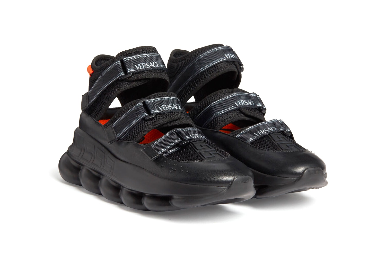 Versace Chain Reaction Sandals Release Info drop date price Chain-linked sole Greca outsole Braille lettering Logo hook and loop straps made in italy DSU8006-D24TG_D41 where to cop 