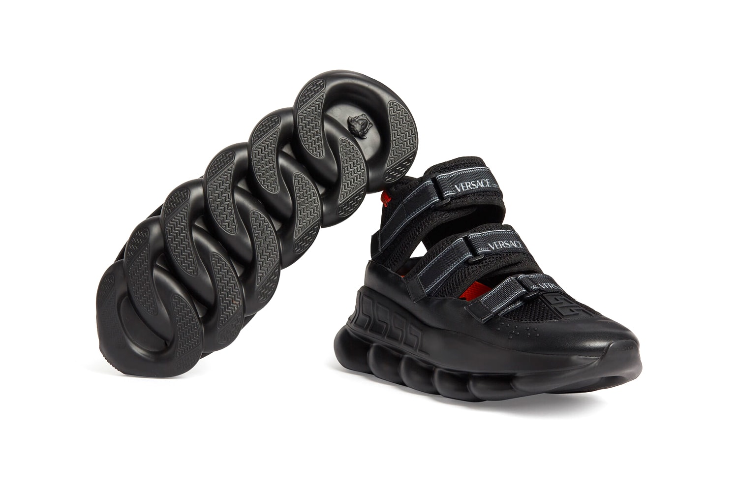 Versace Chain Reaction Sandals Release Info drop date price Chain-linked sole Greca outsole Braille lettering Logo hook and loop straps made in italy DSU8006-D24TG_D41 where to cop 