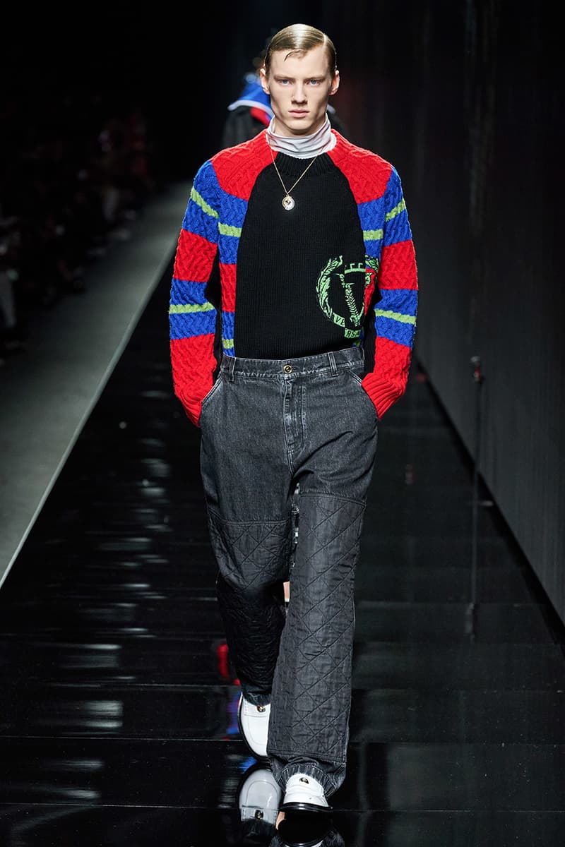 Versace Fall/Winter 2020 Milan Fashion Week Co-Ed Show Runway Donatella Versace Shots Looks Menswear Womenswear House Symbols Greek Key Pattern Tailoring Sportswear