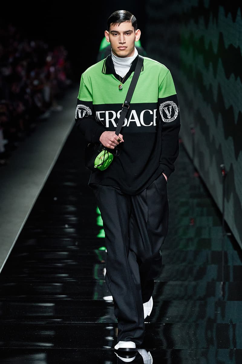 Versace Fall/Winter 2020 Milan Fashion Week Co-Ed Show Runway Donatella Versace Shots Looks Menswear Womenswear House Symbols Greek Key Pattern Tailoring Sportswear