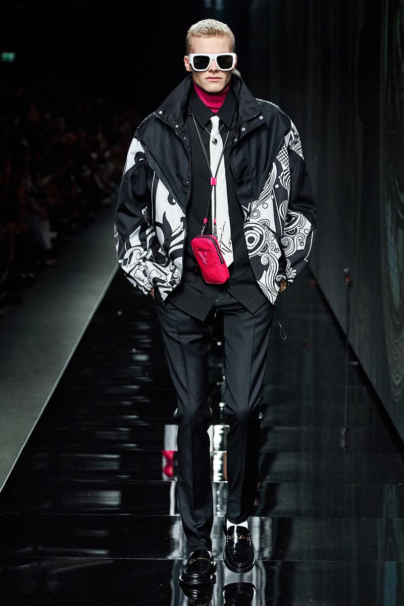 Versace Fall/Winter 2020 Milan Fashion Week Co-Ed Show Runway Donatella Versace Shots Looks Menswear Womenswear House Symbols Greek Key Pattern Tailoring Sportswear