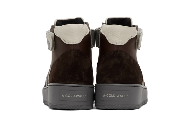 A-COLD-WALL* Corbusier Hi "Brown/Grey" Leather High Top Sneakers Release Information Drop Date SSENSE Samuel Ross Architectural London Menswear Brand New Direction French-Swiss architect Le Corbusier Bracket Branding