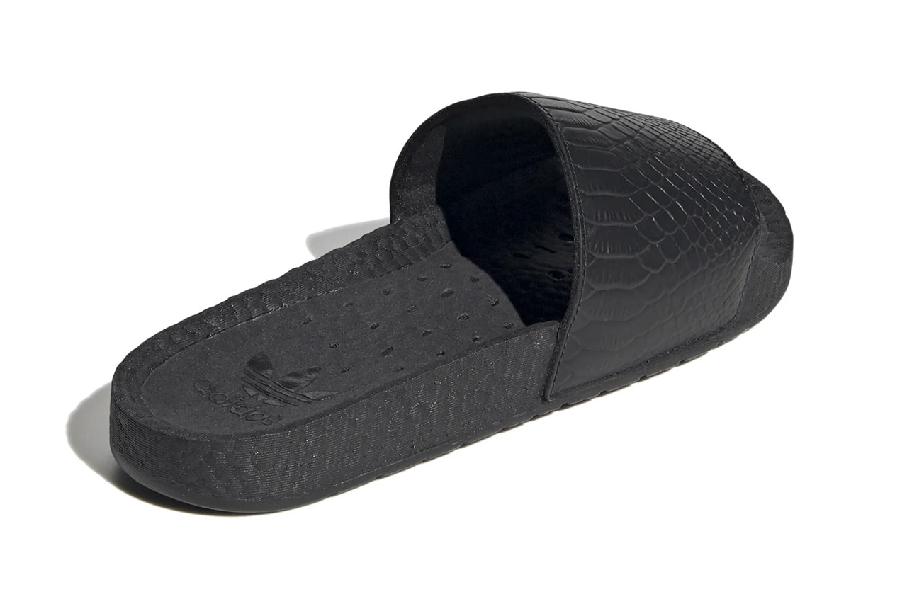 adidas originals adilette core black pony hair snakeskin details release information buy cop purchase FV6423 FV6422 summer sandal slide footwear pool