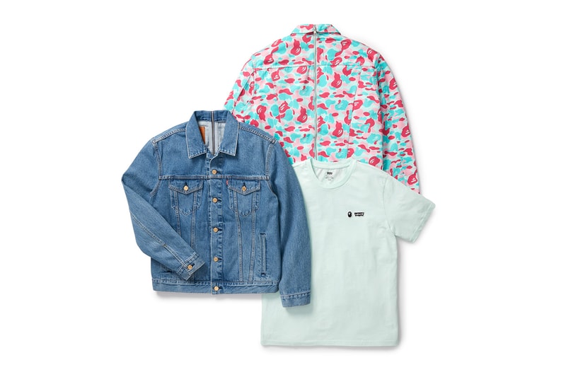 BAPE Miami & Levi's Spring/Summer 2020 Collaboration Collection Type III Split Trucker Jacket Indigo Camouflage Blue Pink Indigo Denim Cotton T-shirt 
