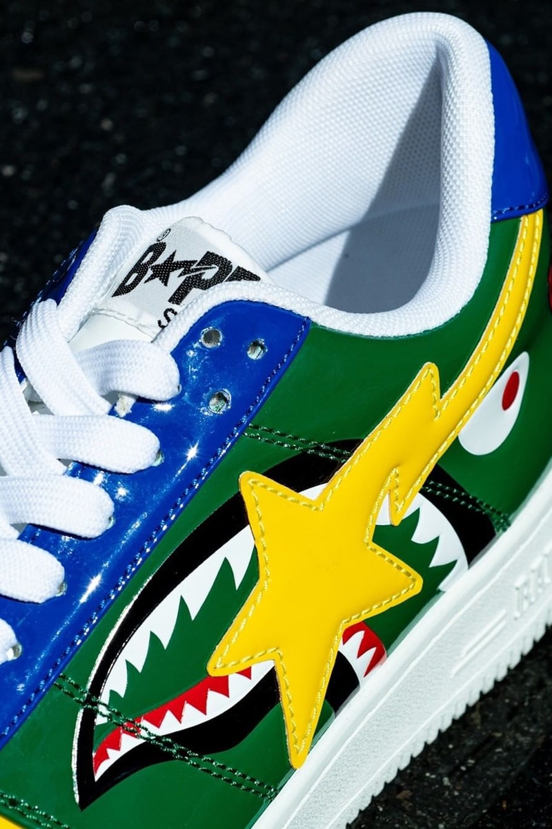 shark bape sta a bathing ape patent leather blue yellow green red white pink release date info photos price