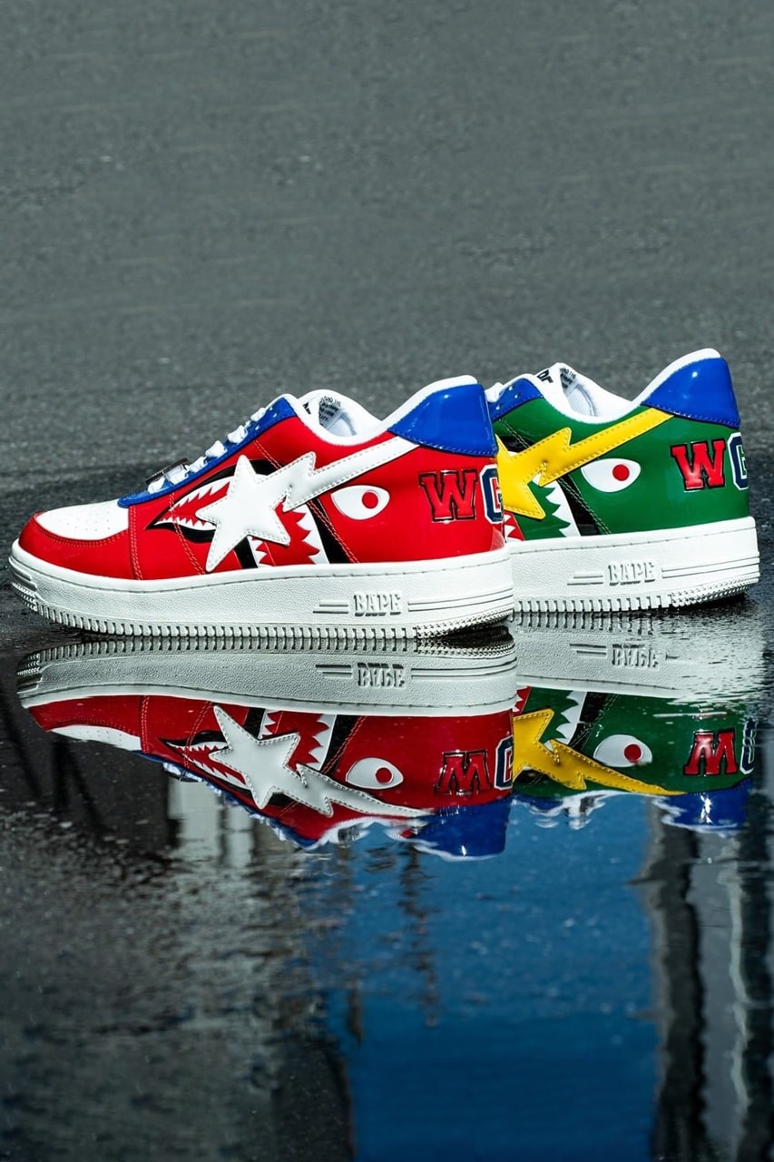 shark bape sta a bathing ape patent leather blue yellow green red white pink release date info photos price
