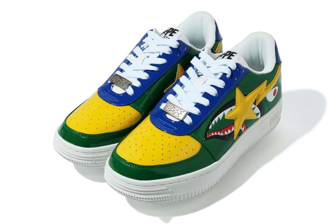 shark bape sta a bathing ape patent leather blue yellow green red white pink release date info photos price