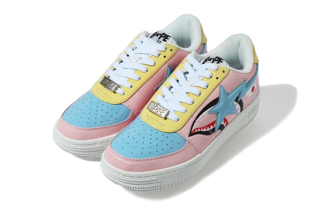 shark bape sta a bathing ape patent leather blue yellow green red white pink release date info photos price