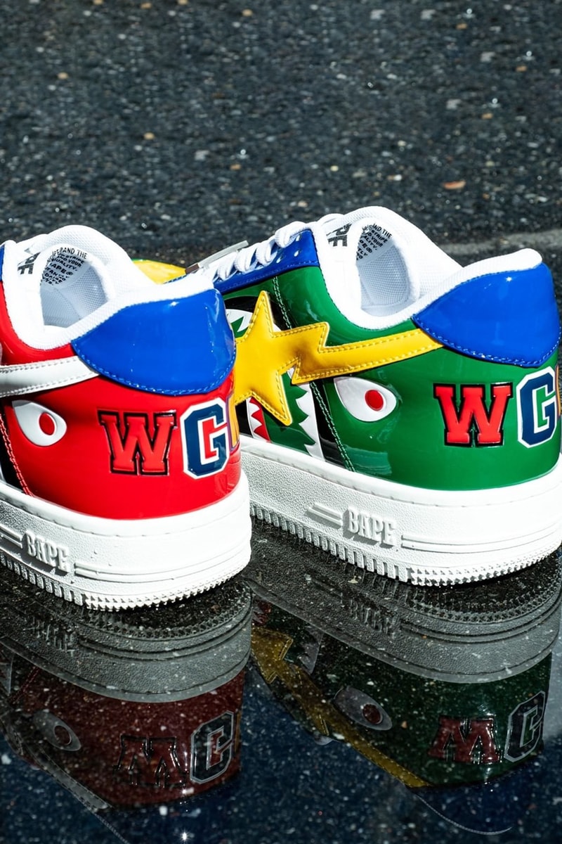 shark bape sta a bathing ape patent leather blue yellow green red white pink release date info photos price