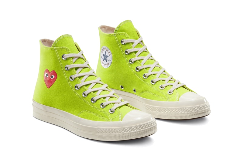 comme des garcons play converse chuck taylor 70 high low bright green blue pink heart release date info photos price collaboration sneaker spring 2020 dover street market april 2