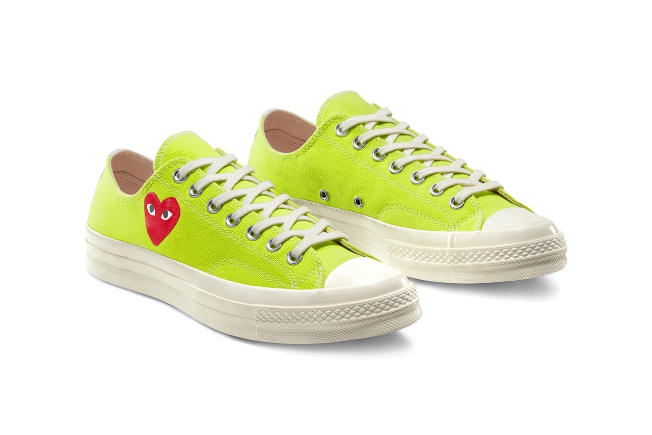 comme des garcons play converse chuck taylor 70 high low bright green blue pink heart release date info photos price collaboration sneaker spring 2020 dover street market april 2