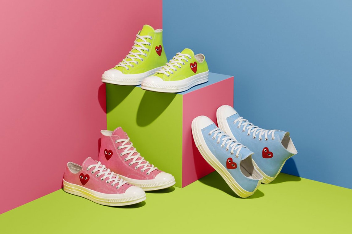 comme des garcons play converse chuck taylor 70 high low bright green blue pink heart release date info photos price collaboration sneaker spring 2020 dover street market april 2