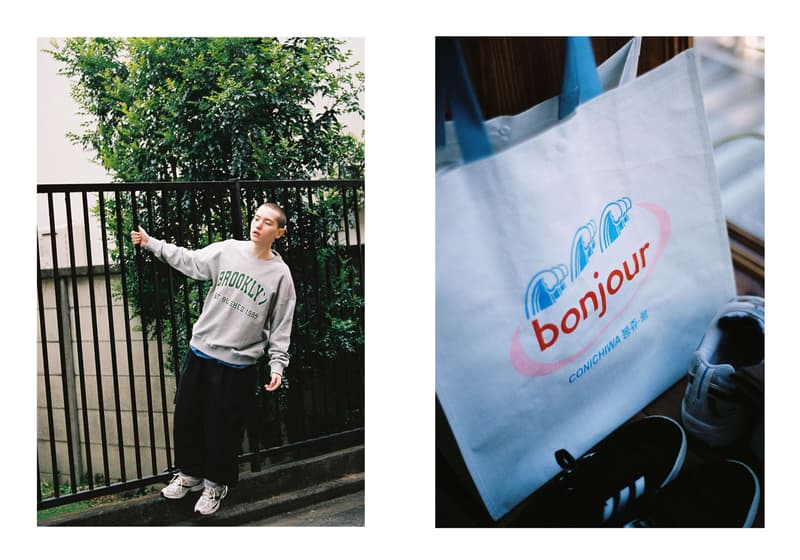 Conichiwa Bonjour Spring/Summer 2020 Collection Lookbook Sweatshirts American Ivy League Lettering Japanese Katakana T-shirts Baseball Caps Tote Bag Evian