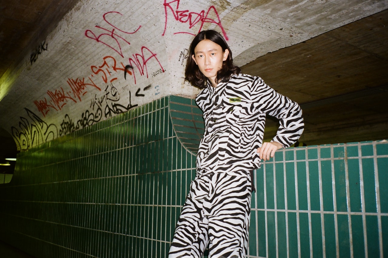 Daily Paper Spring/Summer 2020 Editorial Berlin Zebra Jackets Yellow Tapevest Pants Peach Sweater Crocodile Faux Leather Green Blazer Trousers