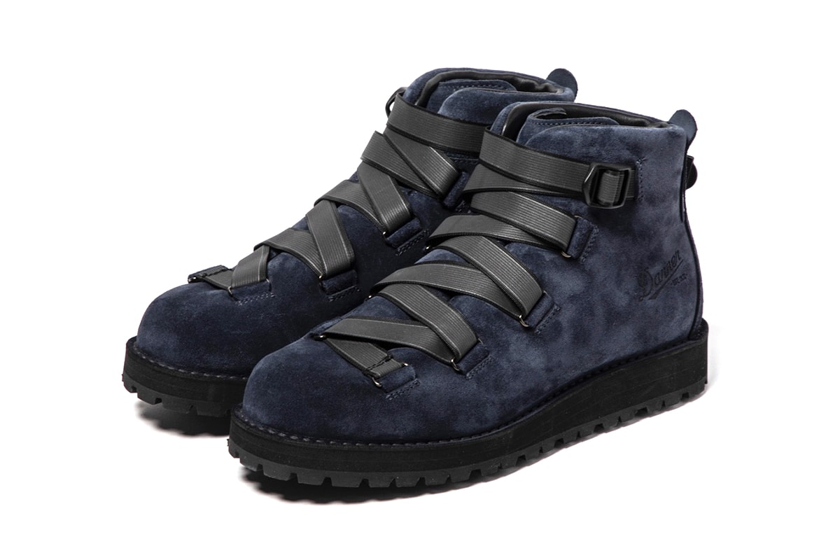 MEANSWHILE x Danner Mountain Light Boot Capsule collection reflective weaving tape fastening system navy suede brown black leather price details 