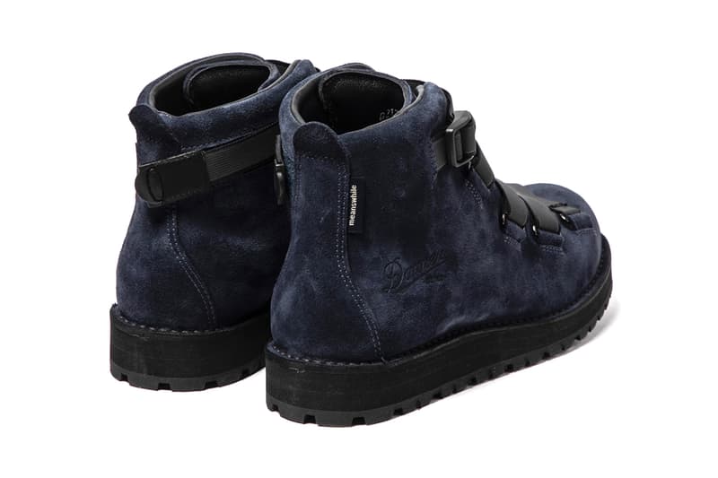 MEANSWHILE x Danner Mountain Light Boot Capsule collection reflective weaving tape fastening system navy suede brown black leather price details