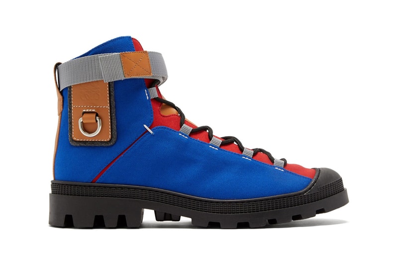 eye loewe nature leather and canvas paneled hiking boots in blue red turquoise yellow colorway spring summer 2020 lookbook velcro ankle strap rubberized toe cap thick treaded soles