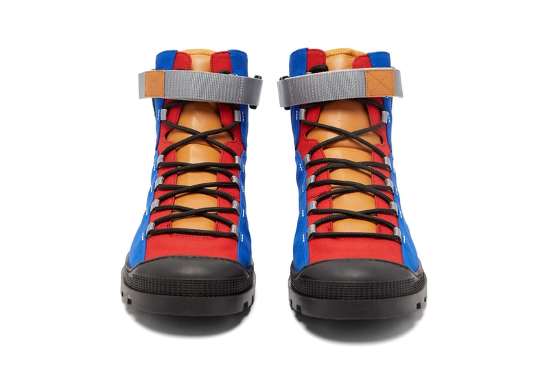 eye loewe nature leather and canvas paneled hiking boots in blue red turquoise yellow colorway spring summer 2020 lookbook velcro ankle strap rubberized toe cap thick treaded soles