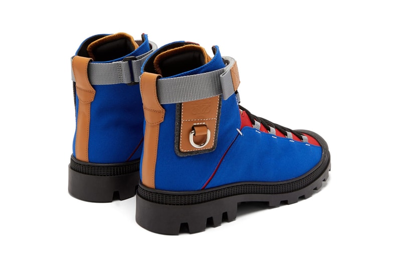 eye loewe nature leather and canvas paneled hiking boots in blue red turquoise yellow colorway spring summer 2020 lookbook velcro ankle strap rubberized toe cap thick treaded soles