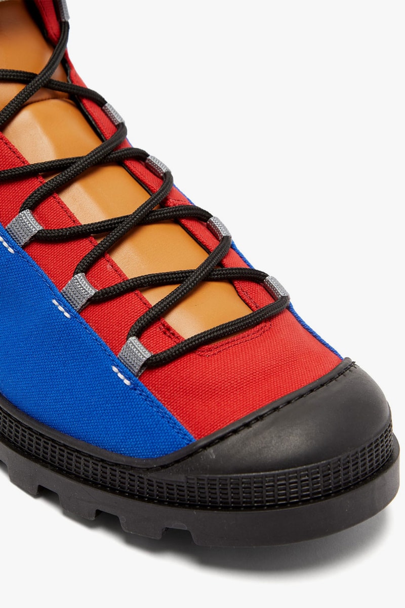 eye loewe nature leather and canvas paneled hiking boots in blue red turquoise yellow colorway spring summer 2020 lookbook velcro ankle strap rubberized toe cap thick treaded soles