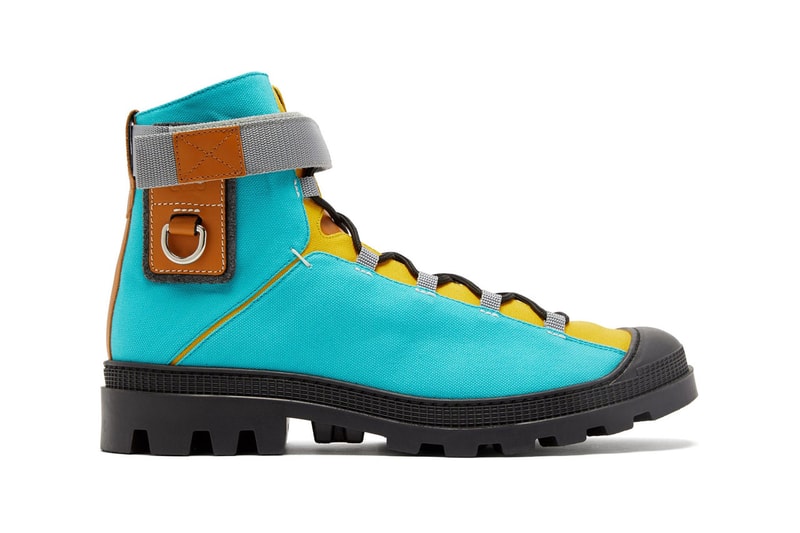 eye loewe nature leather and canvas paneled hiking boots in blue red turquoise yellow colorway spring summer 2020 lookbook velcro ankle strap rubberized toe cap thick treaded soles