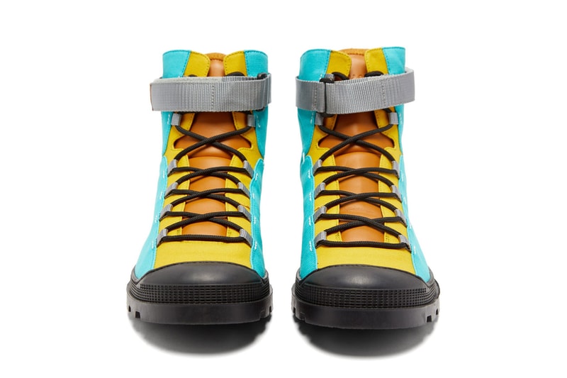 eye loewe nature leather and canvas paneled hiking boots in blue red turquoise yellow colorway spring summer 2020 lookbook velcro ankle strap rubberized toe cap thick treaded soles