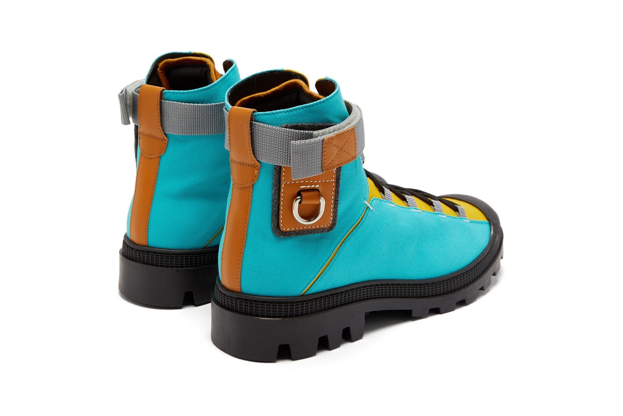 eye loewe nature leather and canvas paneled hiking boots in blue red turquoise yellow colorway spring summer 2020 lookbook velcro ankle strap rubberized toe cap thick treaded soles