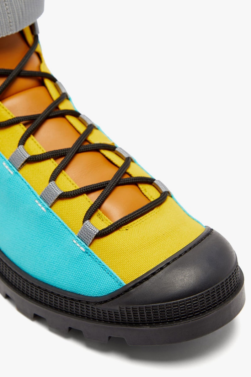 eye loewe nature leather and canvas paneled hiking boots in blue red turquoise yellow colorway spring summer 2020 lookbook velcro ankle strap rubberized toe cap thick treaded soles