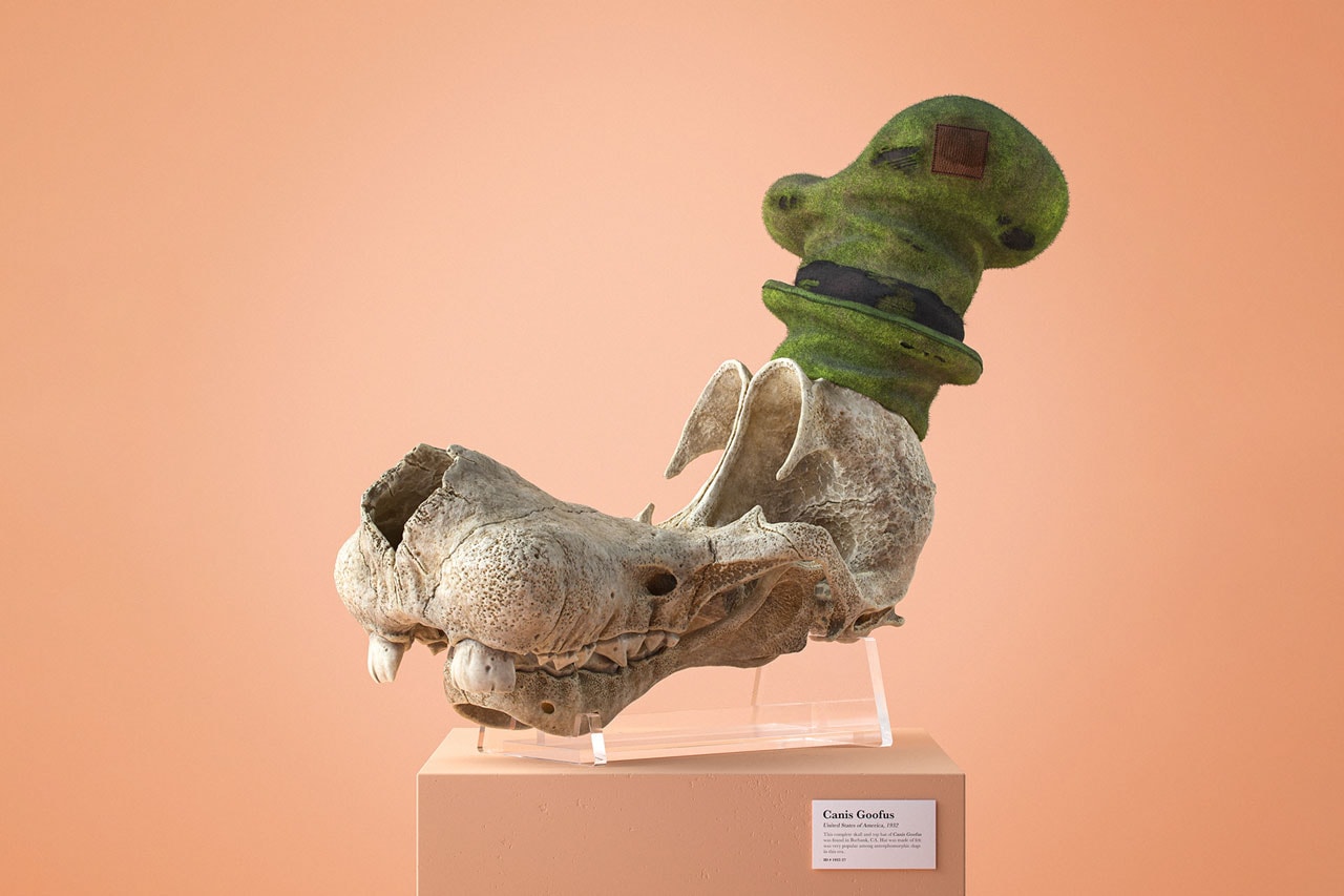 Filip Hodas Cartoon Fossil Skull Series Canis Goofus Anas Scroogius Spongia Bobae Homo Popoculis Mus Minnius Canaria Tweetea CG 3D Illustration
