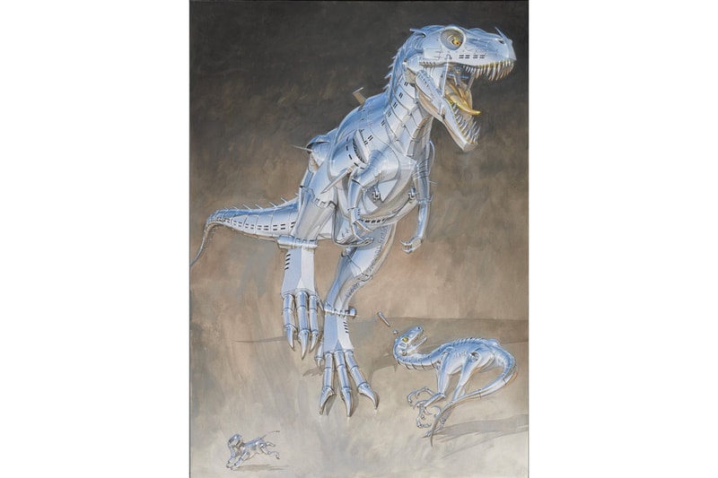 Hajime Sorayama x Medicom Toy Tyrannosaurus Rex Figure Chromed T-Rex Art Toy Sculpture
