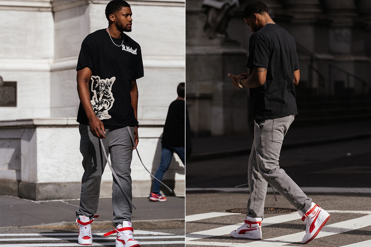 rudy gay style fashion clothing nba basketball player san antonio spurs fear of god sweatpants merch line puma sneakers shoes public enemy collaboration patek watch fight the power new york city madison square park