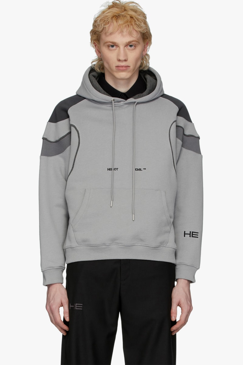 HELIOT EMIL Drops Grey Panel Hoodie  sweatshirts hood terry cotton embroidery logo colorblocking release info drop price details 