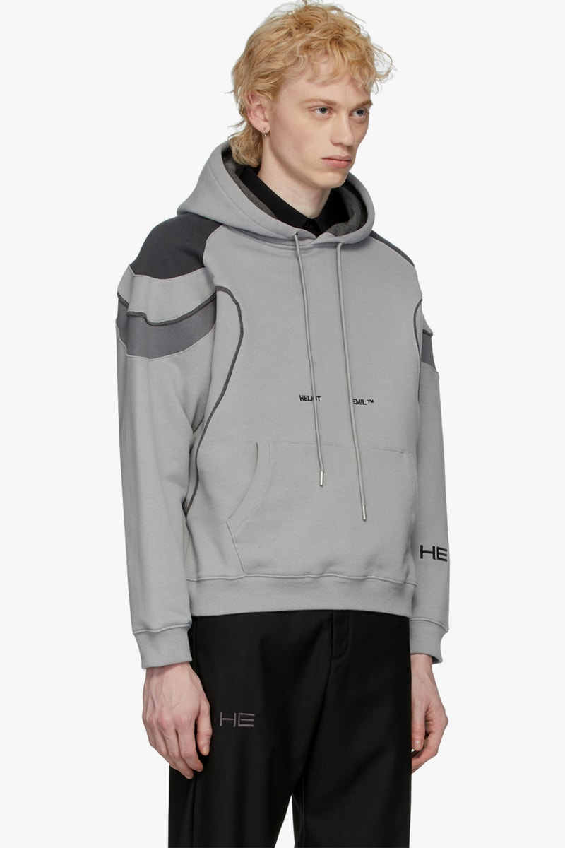 HELIOT EMIL Drops Grey Panel Hoodie  sweatshirts hood terry cotton embroidery logo colorblocking release info drop price details 