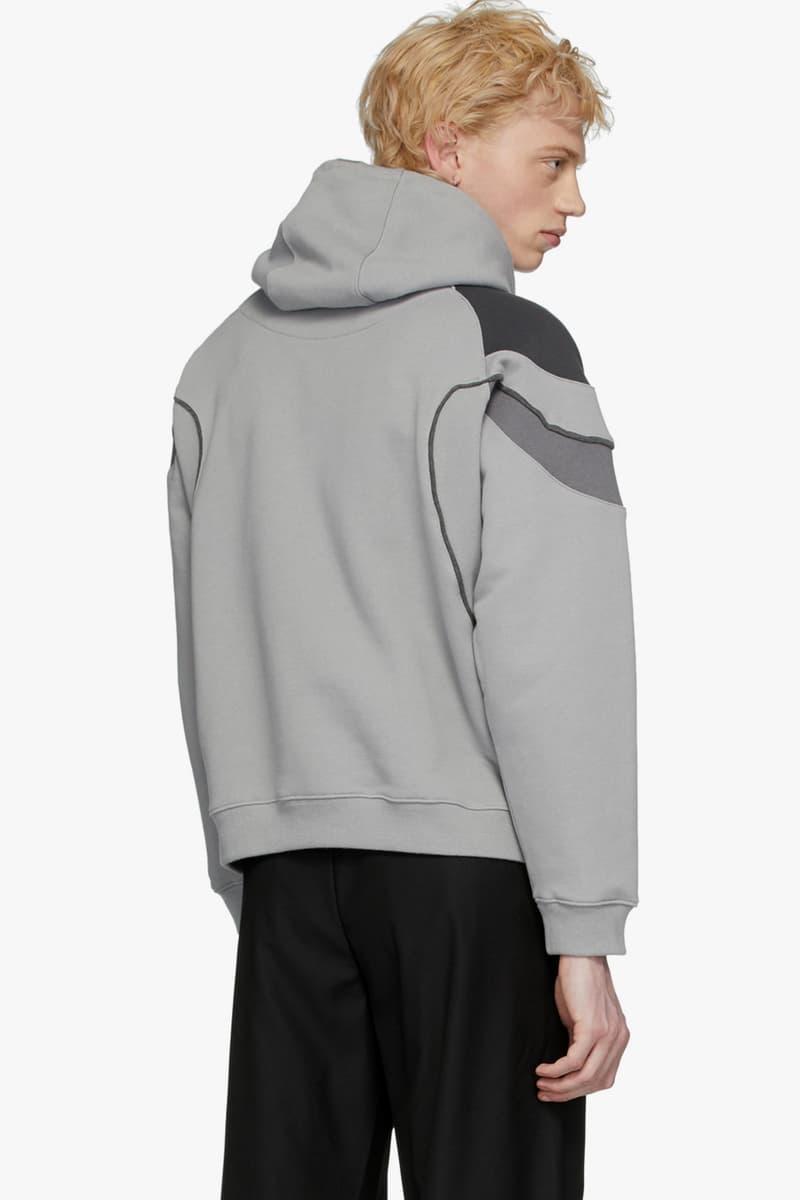 HELIOT EMIL Drops Grey Panel Hoodie sweatshirts hood terry cotton embroidery logo colorblocking release info drop price details