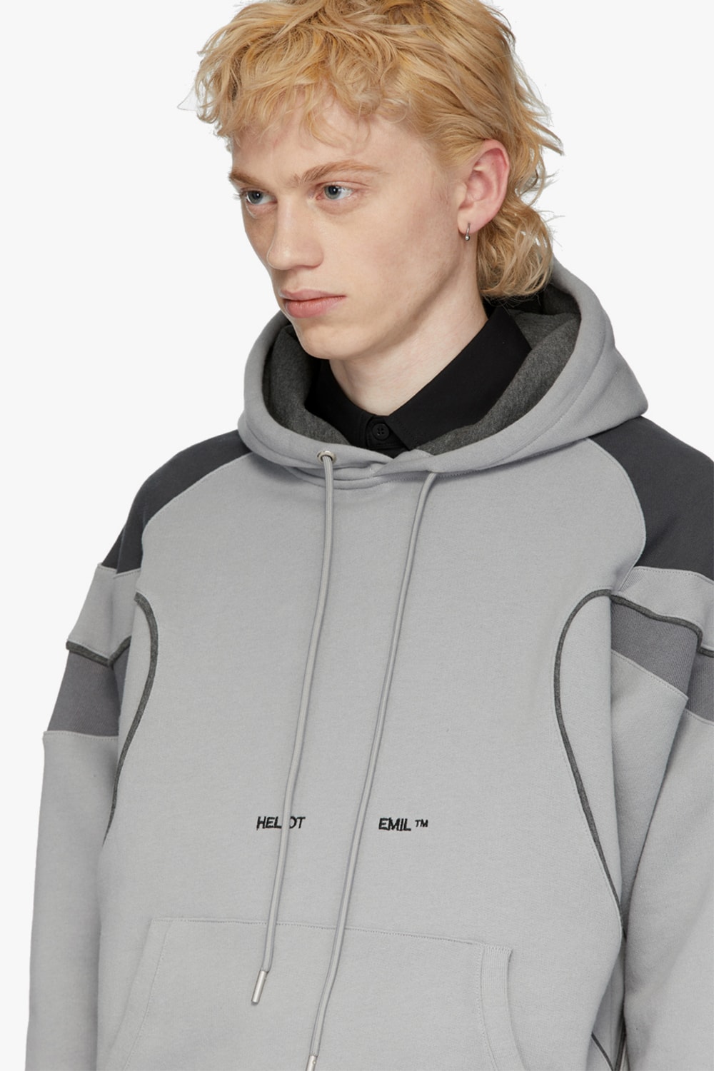 HELIOT EMIL Drops Grey Panel Hoodie  sweatshirts hood terry cotton embroidery logo colorblocking release info drop price details 