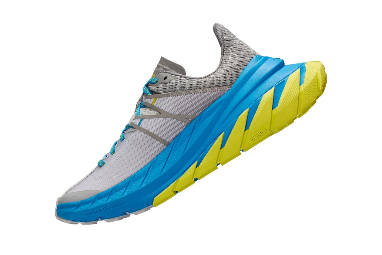 hoka one one tennine trail running shoe downhill grey blue yellow release date info photos price drizzle lunar rock