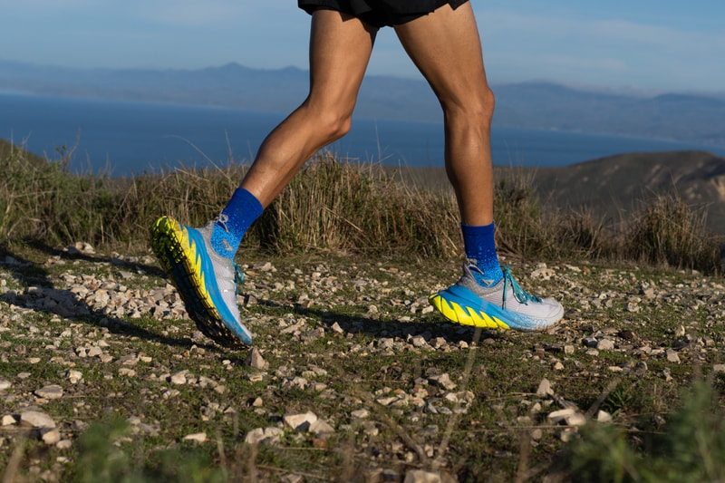 hoka one one tennine trail running shoe downhill grey blue yellow release date info photos price drizzle lunar rock