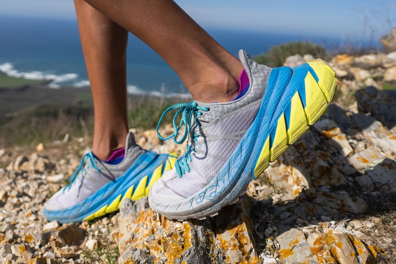 hoka one one tennine trail running shoe downhill grey blue yellow release date info photos price drizzle lunar rock