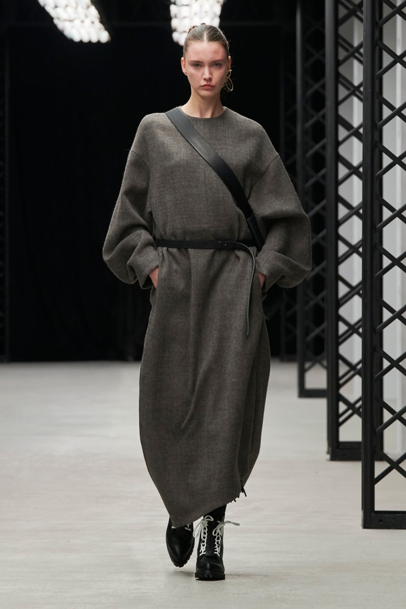 HYKE Fall/Winter 2020 Runway Collection adidas collaboration military coats jackets skirts speckled knitwear bags ponchos brown green black white 