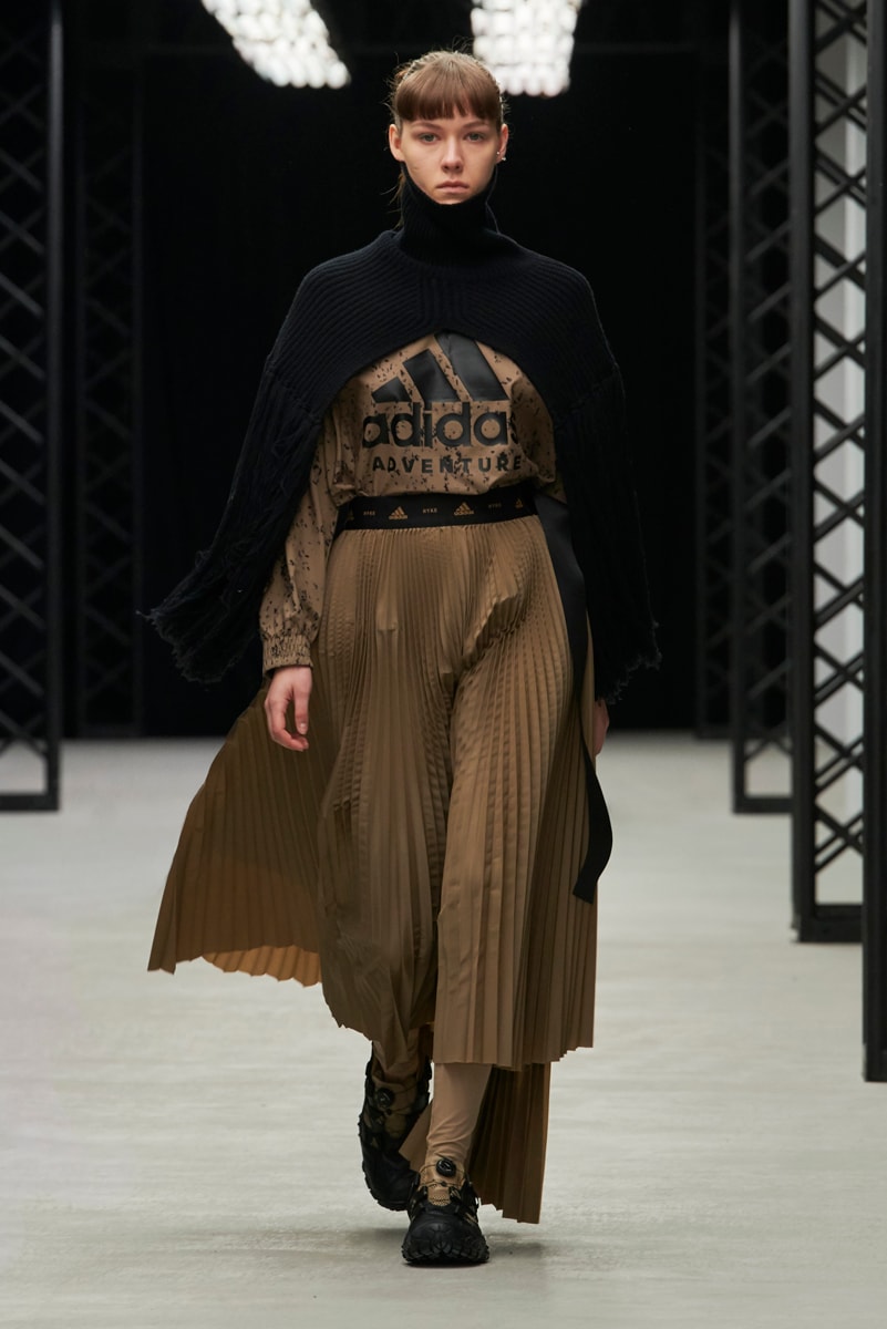 HYKE Fall/Winter 2020 Runway Collection adidas collaboration military coats jackets skirts speckled knitwear bags ponchos brown green black white 