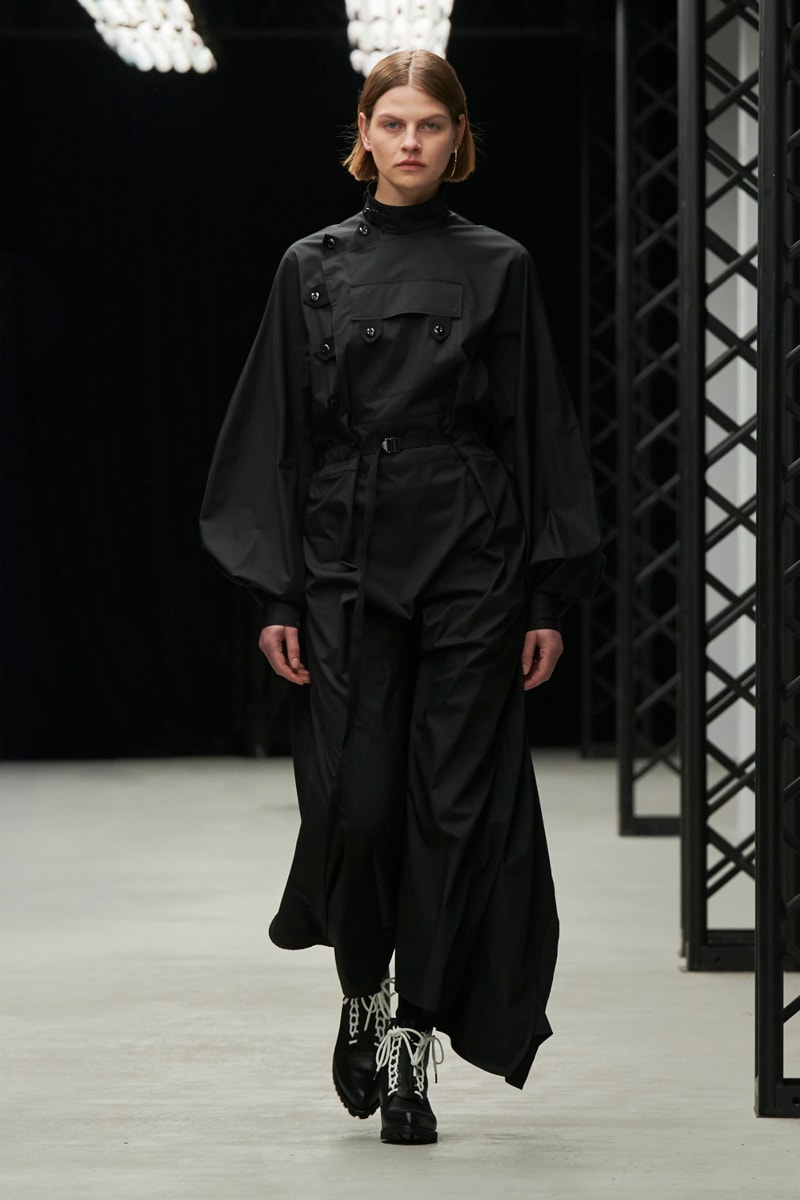 HYKE Fall/Winter 2020 Runway Collection adidas collaboration military coats jackets skirts speckled knitwear bags ponchos brown green black white 