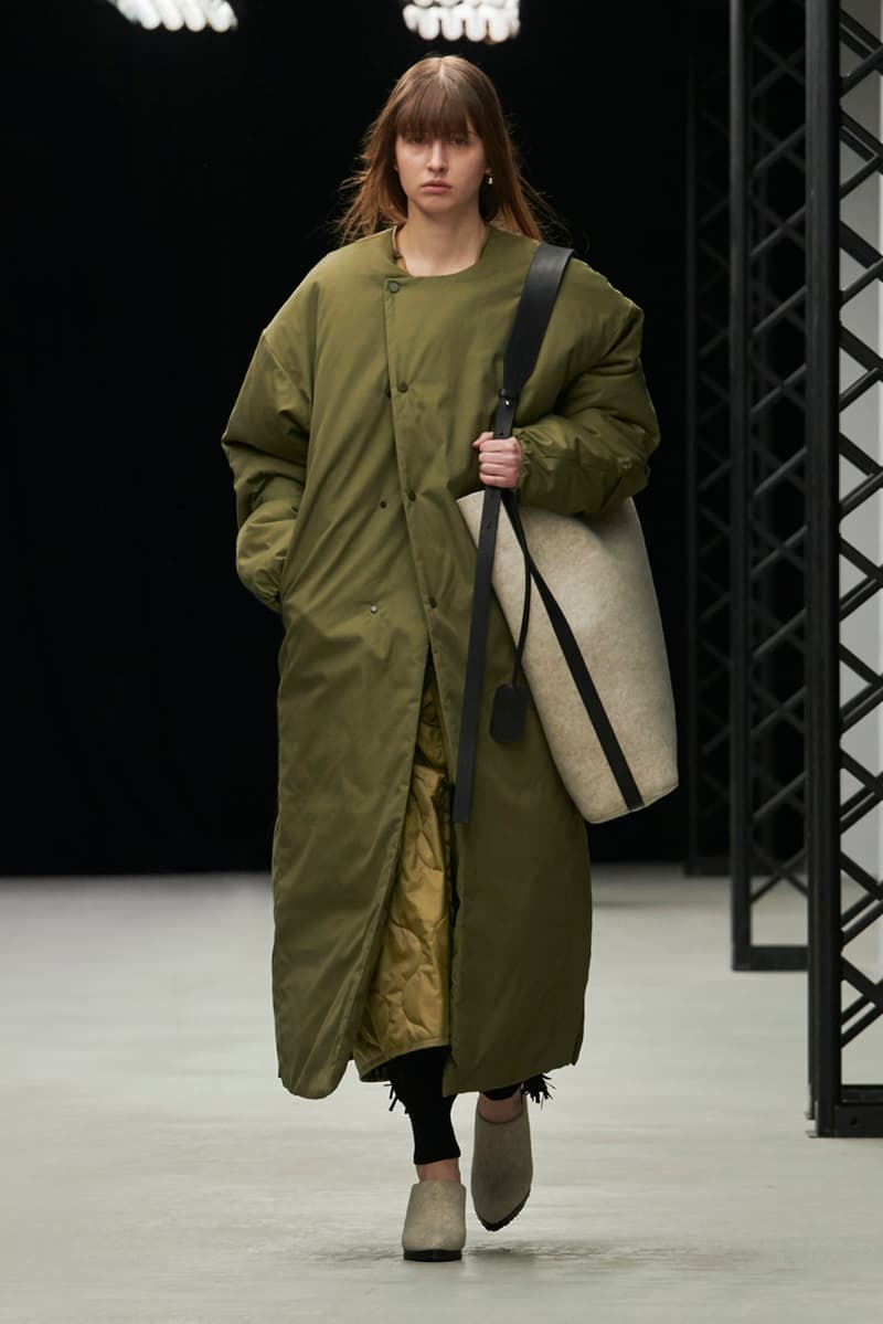 HYKE Fall/Winter 2020 Runway Collection adidas collaboration military coats jackets skirts speckled knitwear bags ponchos brown green black white 