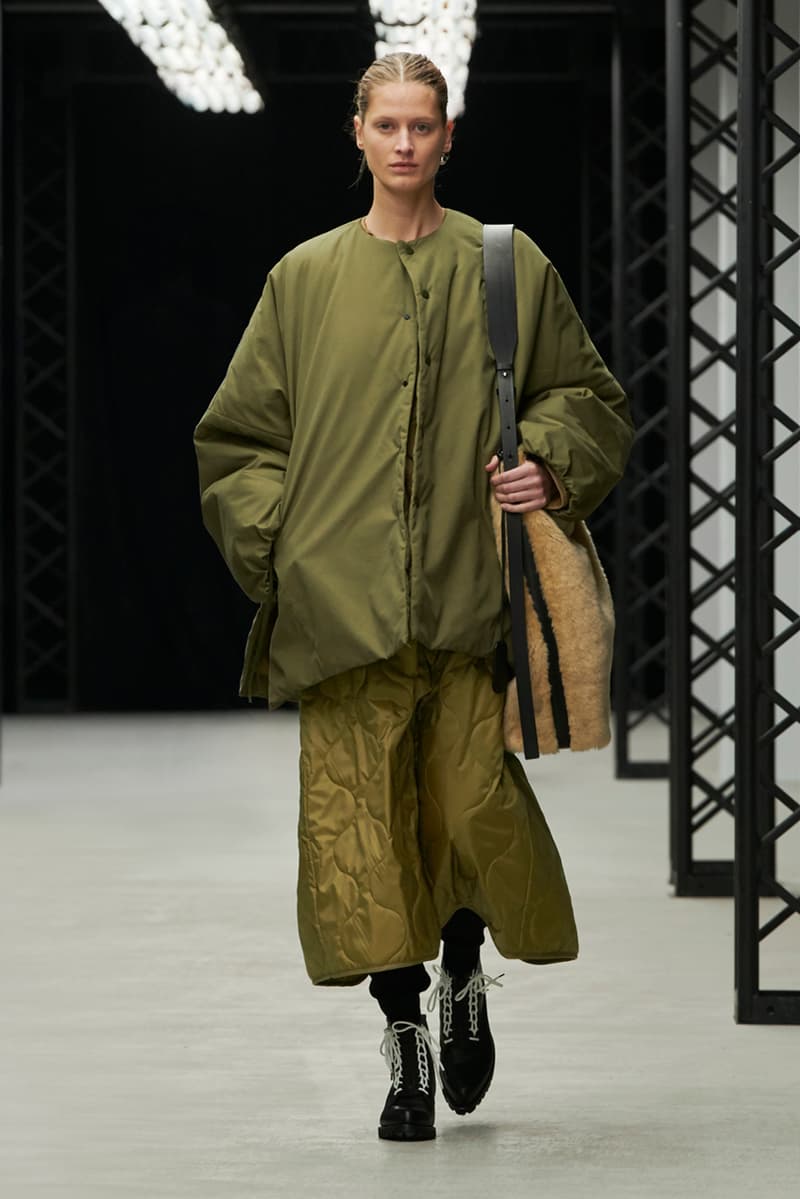 HYKE Fall/Winter 2020 Runway Collection adidas collaboration military coats jackets skirts speckled knitwear bags ponchos brown green black white 