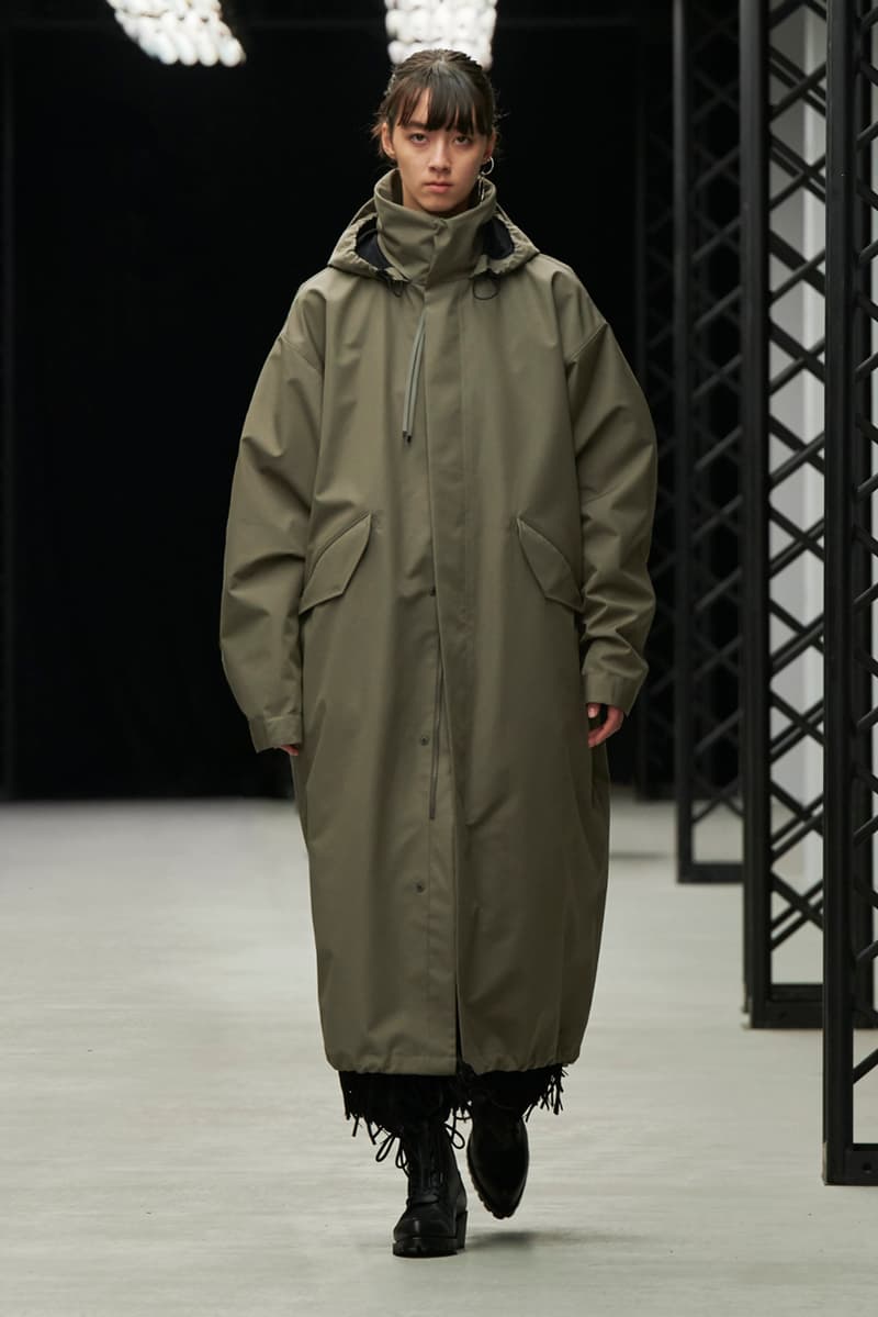 HYKE Fall/Winter 2020 Runway Collection adidas collaboration military coats jackets skirts speckled knitwear bags ponchos brown green black white 